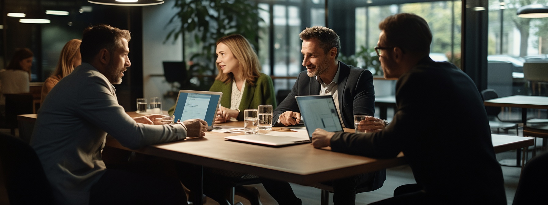 A team sitting at a table with laptops discussing the best proposal management software.