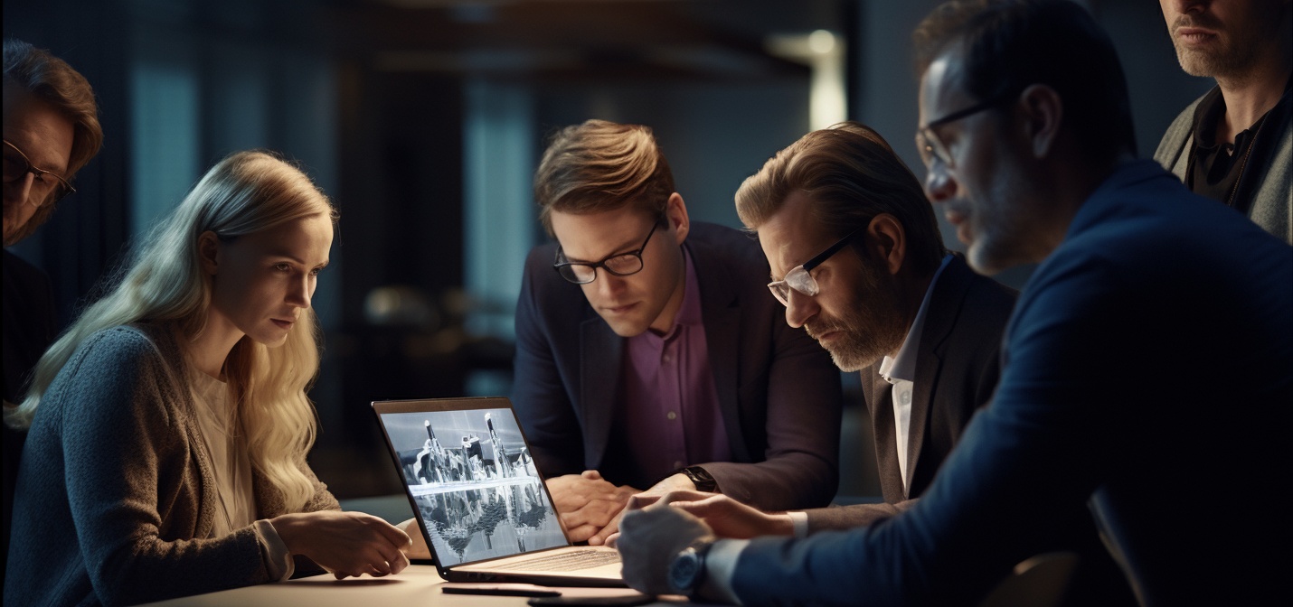 A team sitting around a table looking at a laptop, choosing the best proposal management software.